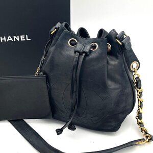 Chanel Lambskin Drawstring Shoulder Bag Black CC Logo